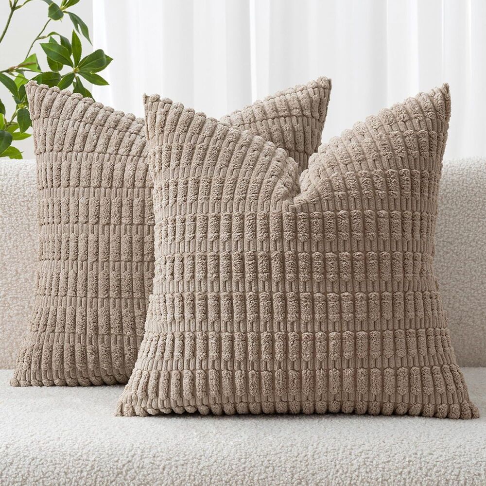 Set of 2, 16x16 Inch Corduroy Decorative Throw Pillow Covers (Light Brown)